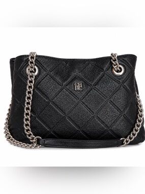 CH Carolina Herrera Black Quilted Leather Chain Shoulder Bag Silver Hardware